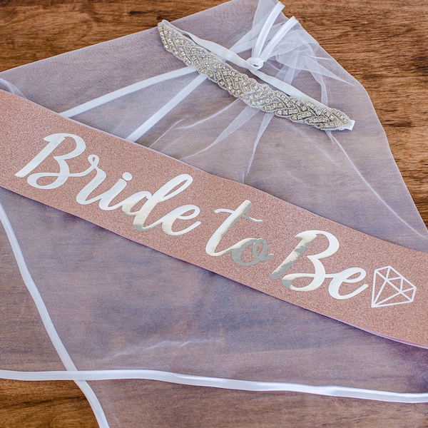 Bachelorette Party Veil and Sash - Boho - Silver - Crystal - Headband - Rose Gold Sash - Bride Gift - Bachelorette Party - Bride Gift