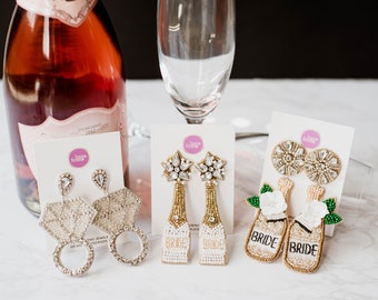 Champagne Bottle Earrings, Bride Earrings, Beaded Earrings, Beaded Bride Bag,  Fashion Statement, Bachelorette Party Gifts, Handmade
