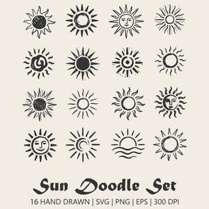 May include: Sixteen black ink sun doodles on a cream background. The sun designs vary, with different styles of rays, faces, and central details. The text "Sun Doodle Set" is below the images, along with file type information.