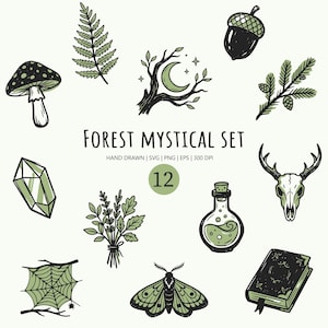 Forest Mystical Set – Vintage Witchy Clipart, Hand Drawn Doodle, PNG SVG EPS, Dark Nature, Magic Elements, Skull, Potion, Moon, Cricut Files
