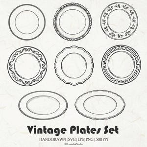 Pode incluir: Uma coleção de oito ilustrações de linha em preto e branco de pratos com vários designs de borda, incluindo padrões florais, geométricos e recortados. O texto na parte inferior diz: Vintage Plates Set HAND DRAWN | SVG | EPS | PNG | 300 PPI © LameInkStudio.