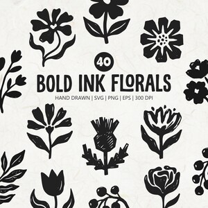Könnte beinhalten: Schwarz-weiße, handgezeichnete Blumenillustrationen. Das Bild zeigt verschiedene Blumendesigns, darunter Rosen, Tulpen und abstrakte Formen. Der Text lautet "BOLD INK FLORALS" mit der Zahl "40" in einem Kreis.