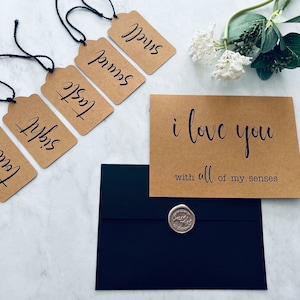 Ensemble de cartes 5 sens Je t'aime avec tous mes sens, cadeau pour lui, cadeau pour elle, anniversaire, cinq sens, amour, saint valentin