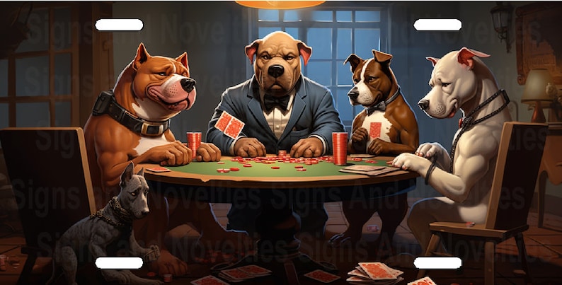 Puede incluir: Cuatro perros sentados alrededor de una mesa jugando a las cartas. Los perros llevan pajaritas y sostienen cartas en sus patas. La mesa est&aacute; cubierta de fieltro verde y tiene fichas y cartas esparcidas sobre ella.