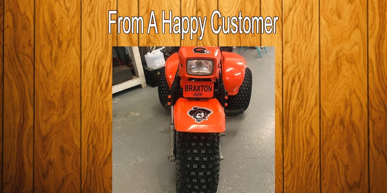 Puede incluir: ATV de tres ruedas naranja con neum&aacute;ticos negros y una placa negra que dice "BRAXTON 4539".