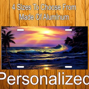 OCEAN SUNSET MONOGRAM Personalized Vanity License Plate Add Your Name | Golf Cart License Plate | Beach License Plate 4 Sizes