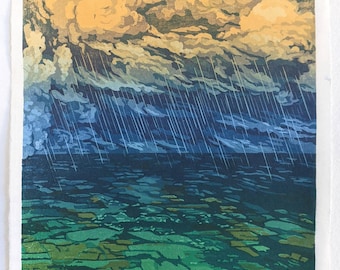 カモメ、鳥、桟橋、海の風景、手彫りの木版画、日本の木版画、署名入り