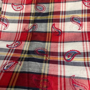 May include: A fabric featuring a red, white, and dark blue plaid pattern overlaid with small, repeating red and blue paisley motifs. The textile displays a woven grid structure with intersecting horizontal and vertical lines in varying widths.