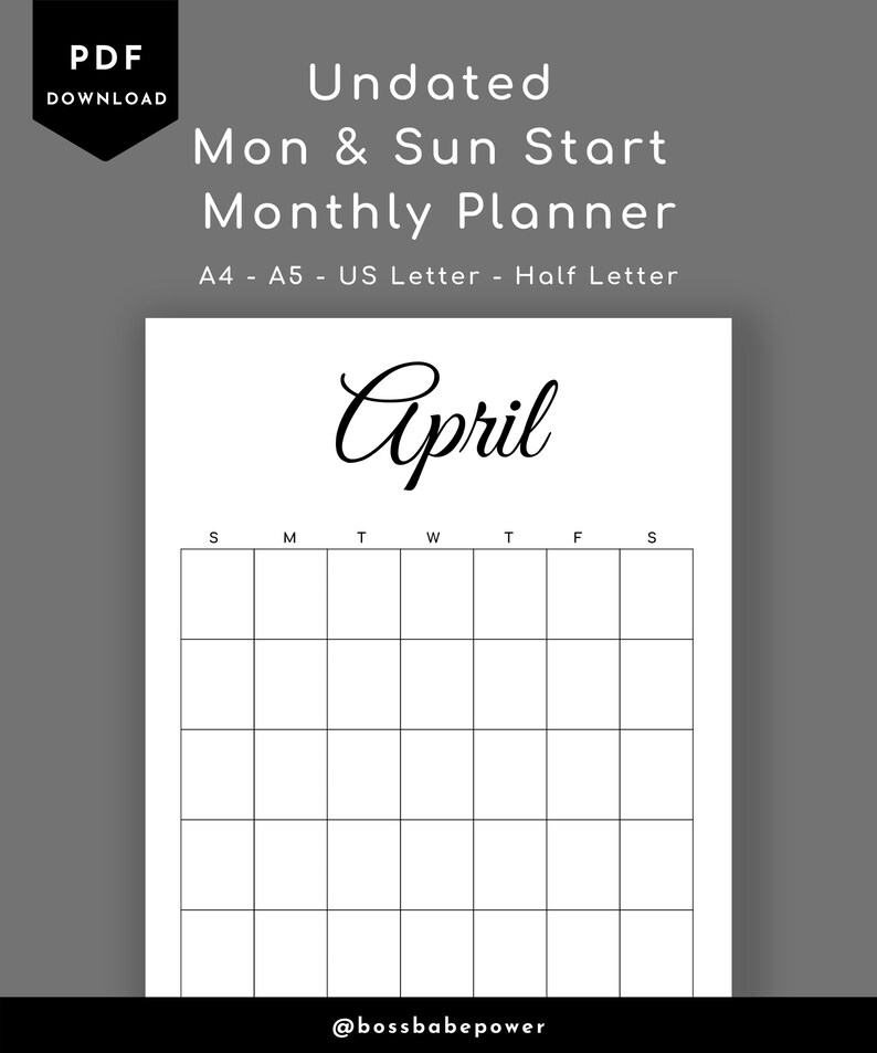 printable undated monthly calendar us letter a4 a5 half etsy