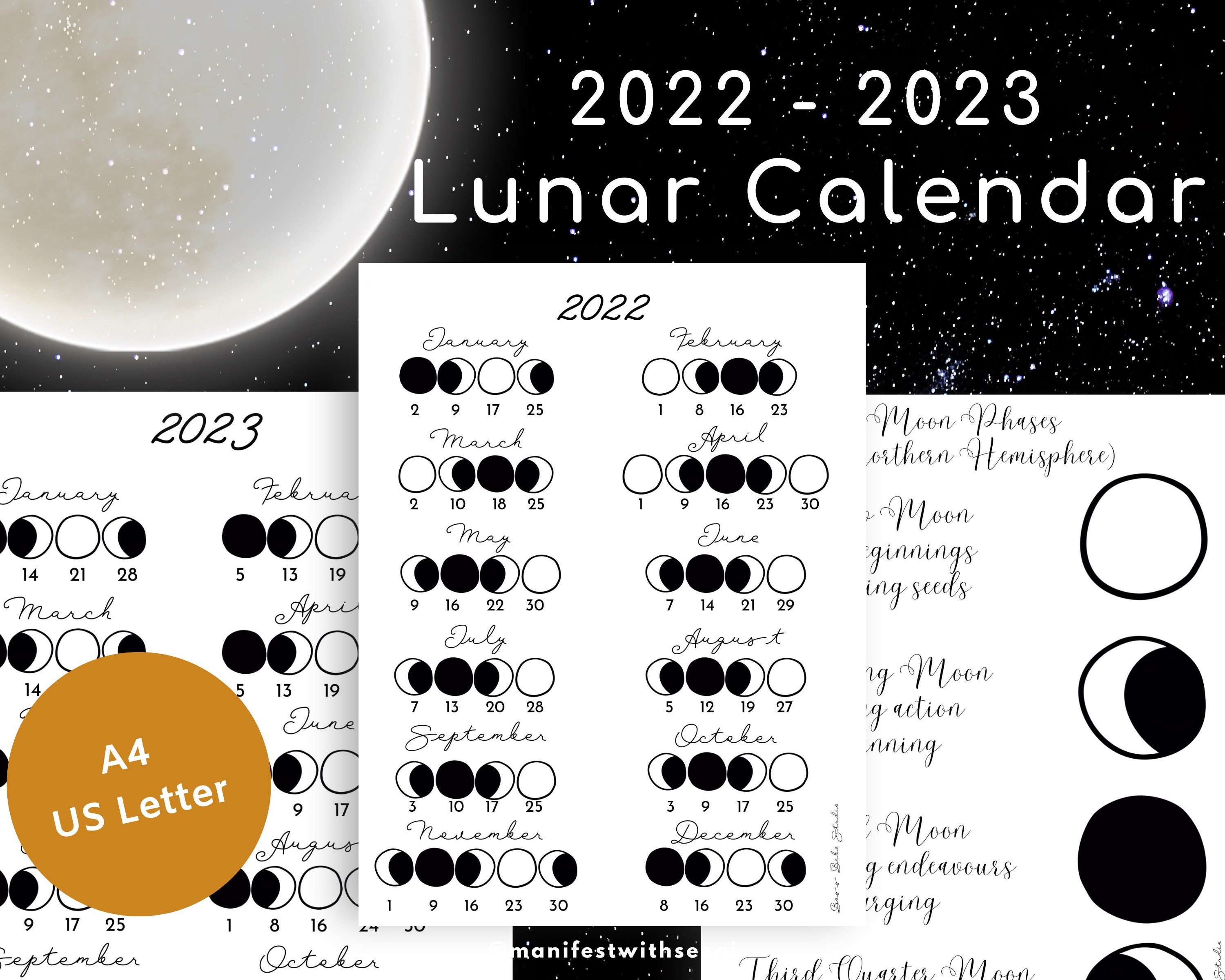 2022 2023 Moon Calendar Printable / A4 US Letter / Etsy UK