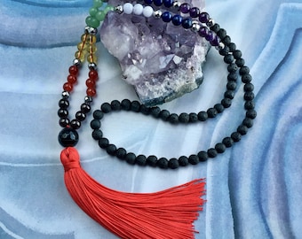 7 Chakra 108 Bead Mala Tassel Necklace, Yoga Mala, Meditation Mala