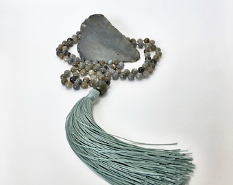 Ultime Aura protecteur Labradorite noués à la main 108 perle Mala pompon collier, Mala Yoga, la méditation Mala