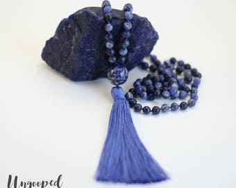 Indigo Child Sodalite Hand-Knotted 108 Bead Mala Tassel Necklace, Yoga Mala, Meditation Mala