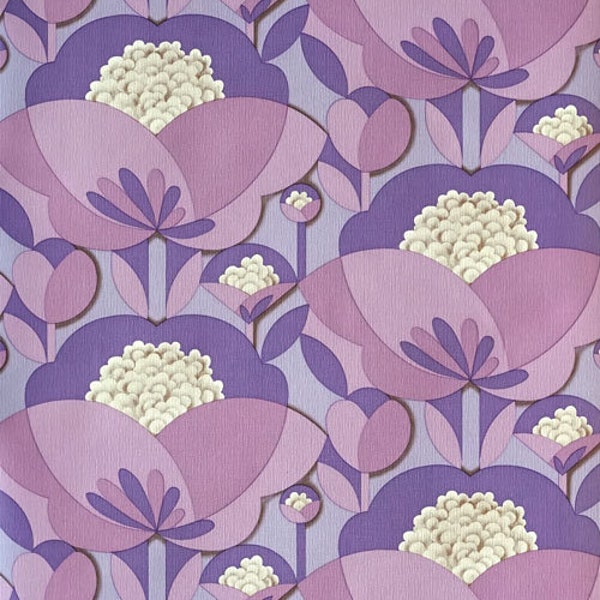 70s flower wallpaper, large format #0117C - running meter or roll / vintage flower wallpaper / purple