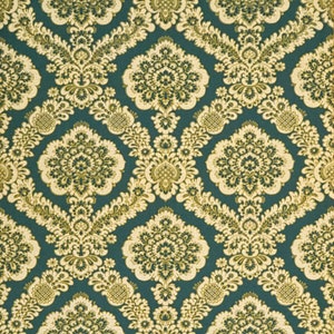 Könnte beinhalten: Eine tealfarbene und goldene Damast-Tapete mit einem sich wiederholenden Muster aus komplizierten floralen Designs.