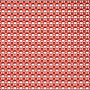 May include: Red and white fabric with a repeating pattern of black apples. The apples are arranged in a diamond pattern.