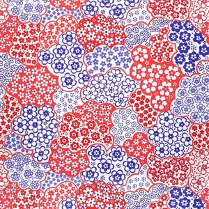 May include: A seamless pattern featuring a repeating design of red and blue flowers on a white background. The flowers are arranged in a cloud-like pattern.