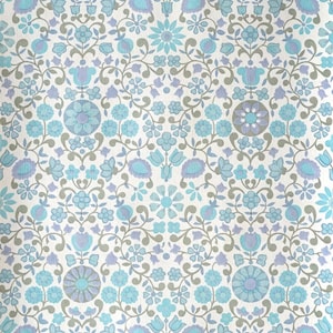 May include: Vintage wallpaper with a repeating pattern of blue, purple, and gray flowers on a white background.