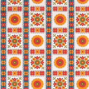 May include: A vintage floral wallpaper with a repeating pattern of orange, red, green, and blue flowers on a white background.