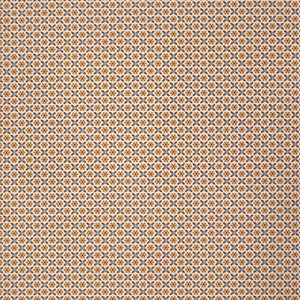 Könnte beinhalten: Ein weißer Stoff mit einem sich wiederholenden Muster aus kleinen orangefarbenen und dunkelblauen Kleeblattformen.
