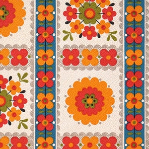 May include: A vintage fabric with a repeating pattern of orange, red, and green flowers on a white background. The fabric has a blue and white striped border.