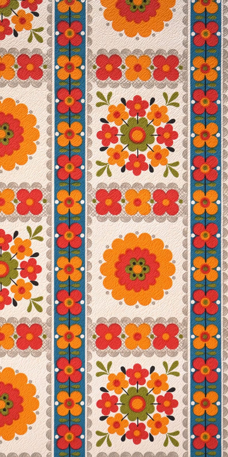 May include: A vintage fabric with a repeating pattern of orange, red, and green flowers on a white background. The fabric has a blue and white striped border.