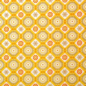 May include: A vintage wallpaper pattern with a repeating geometric design. The pattern features yellow, orange, white, and brown octagons and squares.
