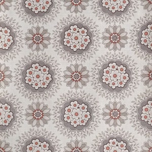 May include: A repeating pattern of gray and pink floral designs on a white background. The floral designs are made up of small white flowers with pink centers and gray leaves.