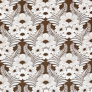 May include: Brown and white floral pattern. The design features repeating white flowers and leaves against a brown background. The pattern is symmetrical and suitable for wallpaper or fabric.