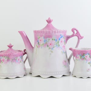 Vintage Handcrafted Porcelain Floral Teapot, Sugar Bowl & Creamer Victorian-Inspired Tea Set Bridal Shower Gift