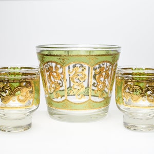 Vintage Culver Green and Gold Cocktail Set Culver Ice Bucket Culver Glasses MCM Barware