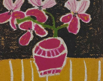 Pink flowers in a vase oil pastel drawing