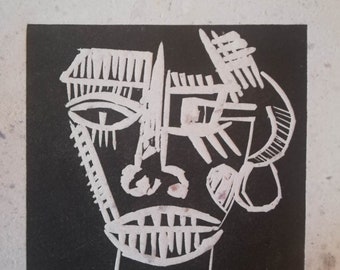 African Mask, Handprinted Linocut, Original Print, Handmade Paper, Original Artwork, Abstract