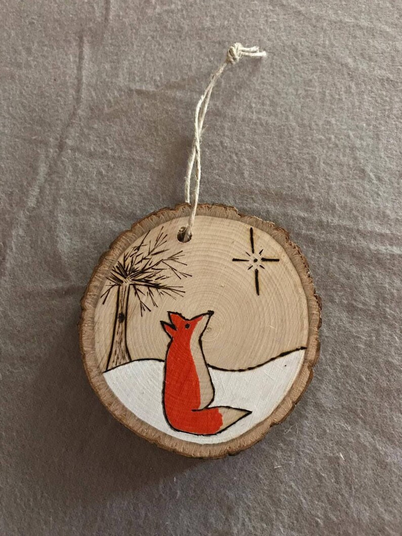 Fox burnt wood Ornament with tree Etsy