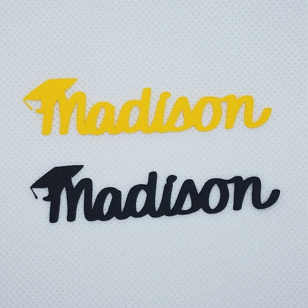 Graduation Confetti:  Your choice of name (Madison shown in sample) with attached graduation cap image confetti 50-pieces cardstock