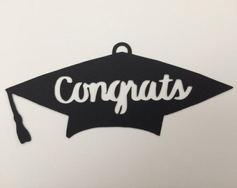 Graduation cap card stock gift bag tags with inner cut words - Congrats / 2023 / Custom Name (8 letter limit), 10 pieces