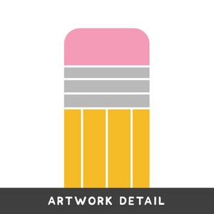 May include: A yellow pencil with a pink eraser and gray stripes. The pencil is a simple illustration of a school supply.