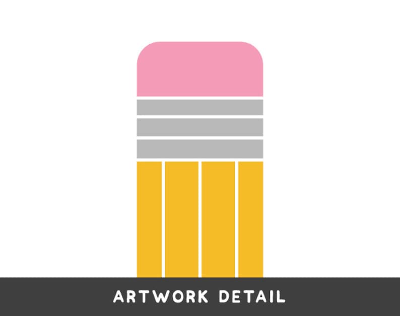May include: A yellow pencil with a pink eraser and gray stripes. The pencil is a simple illustration of a school supply.