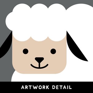 May include: A white sheep with a brown face and black ears. The sheep has a simple, smiling face.