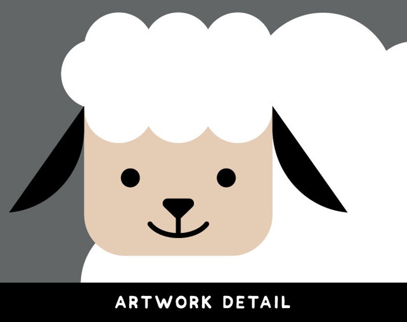 May include: A white sheep with a brown face and black ears. The sheep has a simple, smiling face.