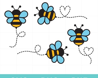 May include: Four cartoon bees with black bodies, yellow and black striped abdomens, and light blue wings. Each bee has a dotted flight path, some ending in a heart shape. The bottom of the image has the text "SVG + PNG + DXF".