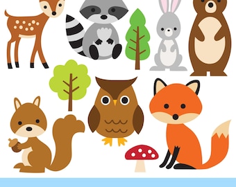 May include: A collection of cartoon woodland animals including a deer, raccoon, bear, rabbit, squirrel, owl, and fox. The image also includes trees and a mushroom. The text at the bottom reads "SVG + PNG + DXF + JPG + PDF" and "bits & bobs DIGITAL ART SHOPPE."