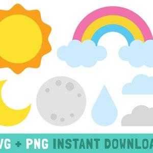 weather clipart, cute weather clipart, weather icons svg, weather svg, rain svg, rainbow svg, moon svg, sun, svg, cloud svg, weather png