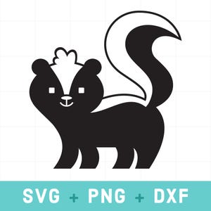 May include: Black and white illustration of a cartoon skunk with a white stripe down its back and a fluffy tail.