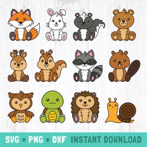 süße Waldtiere svg bündel, Tiere Clipart, Fuchs Bär Kaninchen Stinktier Hirsch Eichhörnchen Waschbär Biber Eule Schildkröte Igel Schnecke, süße svg