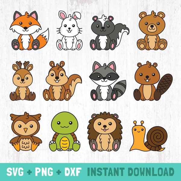 cute woodland animals svg bundle, animals clipart, fox bear rabbit skunk deer squirrel raccoon beaver owl turtle hedgehog snail, cute svg