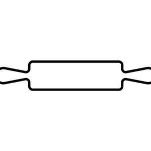 May include: A black outline illustration of a rolling pin, a kitchen utensil used for flattening dough. The rolling pin has a cylindrical body with curved handles on each end. The design is simple and minimalist, set against a white background.