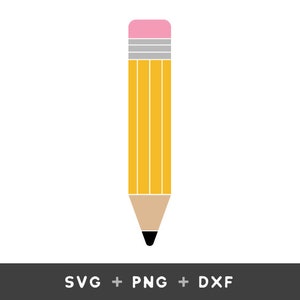 May include: A yellow pencil with a pink eraser and gray stripes. The pencil is on a white background.