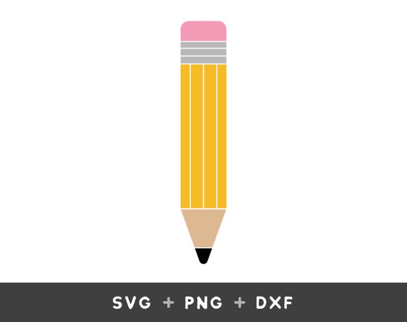 May include: A yellow pencil with a pink eraser and gray stripes. The pencil is on a white background.