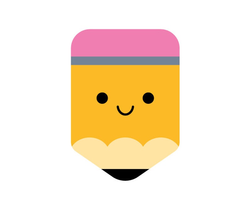 May include: A yellow pencil with a pink eraser and a black tip. The pencil has a happy face with two black eyes and a smile.